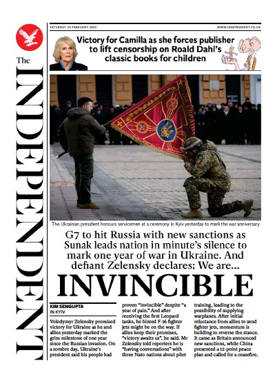 The Independent Newspaper Front Page (UK) for 26 February 2023