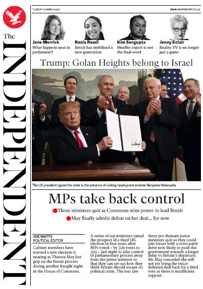 The Independent Newspaper Front Page (UK) for 26 March 2019