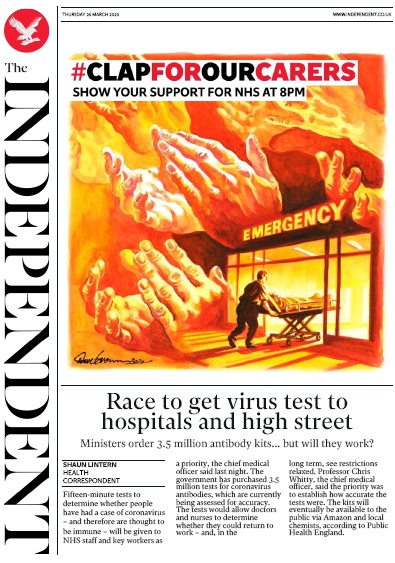 The Independent Newspaper Front Page (UK) for 26 March 2020