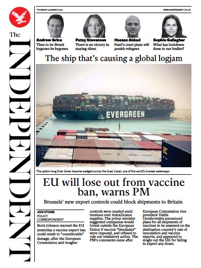 The Independent Newspaper Front Page (UK) for 26 March 2021