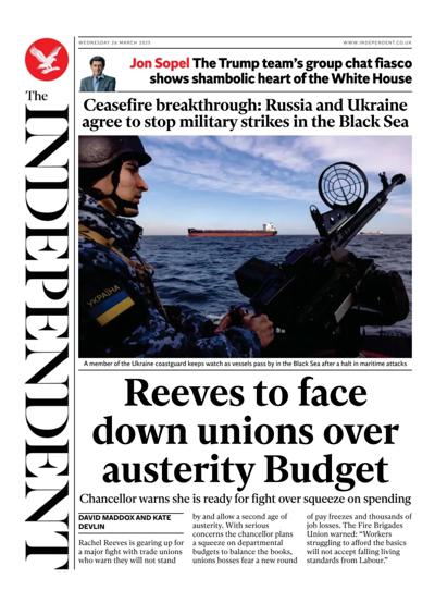 The Independent Newspaper Front Page (UK) for 26 March 2025