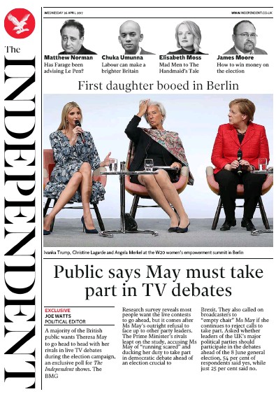 The Independent Newspaper Front Page (UK) for 26 April 2017