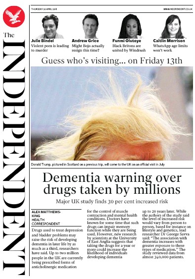 The Independent Newspaper Front Page (UK) for 26 April 2018