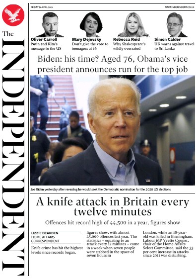 The Independent Newspaper Front Page (UK) for 26 April 2019
