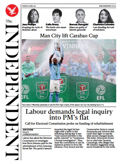 The Independent Newspaper Front Page (UK) for 26 April 2021
