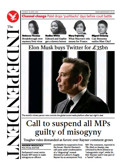 The Independent Newspaper Front Page (UK) for 26 April 2022