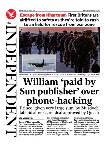 The Independent Newspaper Front Page (UK) for 26 April 2023