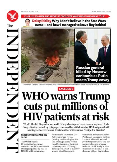 The Independent Newspaper Front Page (UK) for 26 April 2025