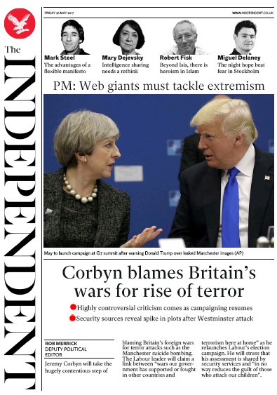 The Independent Newspaper Front Page (UK) for 26 May 2017