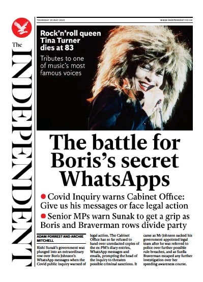 The Independent Newspaper Front Page (UK) for 26 May 2023