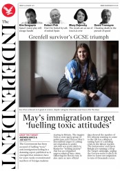 The Independent (UK) Newspaper Front Page for 26 August 2017