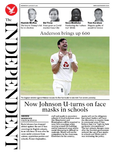 The Independent Newspaper Front Page (UK) for 26 August 2020