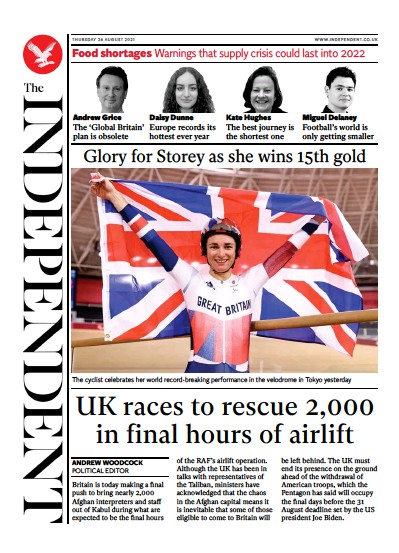 The Independent Newspaper Front Page (UK) for 26 August 2021