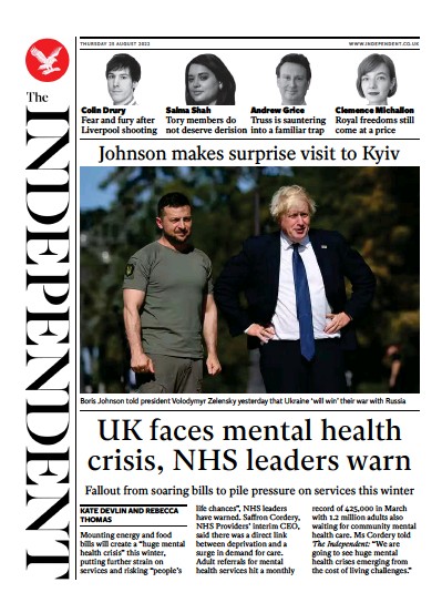 The Independent Newspaper Front Page (UK) for 26 August 2022