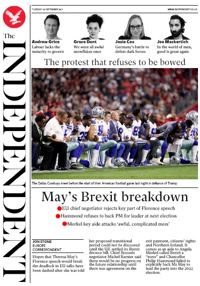 The Independent Newspaper Front Page (UK) for 26 September 2017