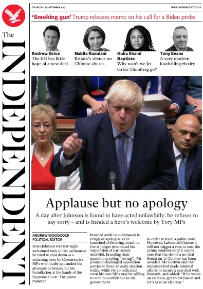 The Independent Newspaper Front Page (UK) for 26 September 2019