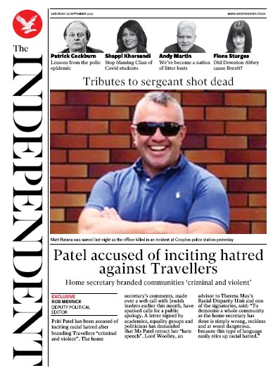 The Independent Newspaper Front Page (UK) for 26 September 2020