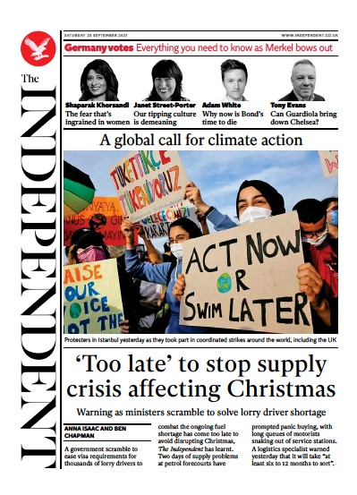 The Independent Newspaper Front Page (UK) for 26 September 2021