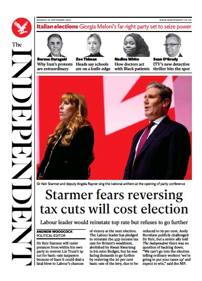 The Independent Newspaper Front Page (UK) for 26 September 2022