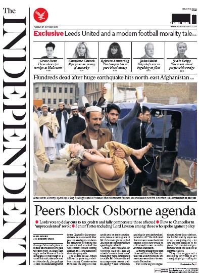 The Independent Newspaper Front Page (UK) for 27 October 2015