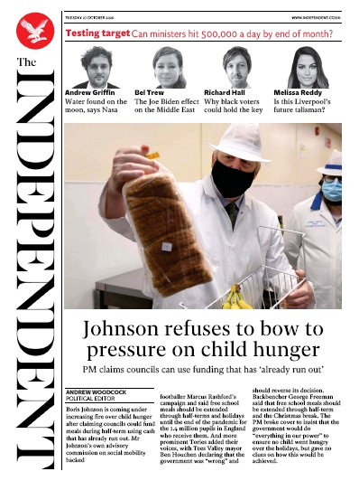 The Independent Newspaper Front Page (UK) for 27 October 2020