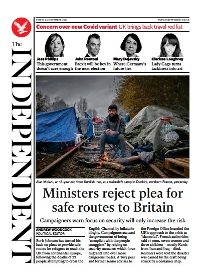 The Independent Newspaper Front Page (UK) for 27 November 2021