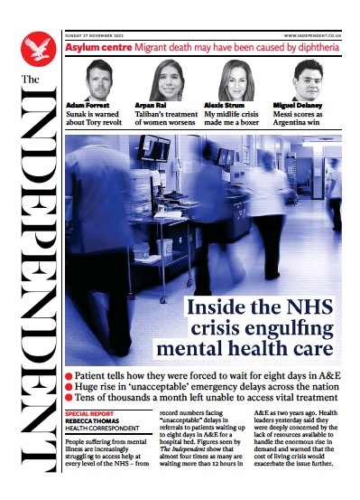 The Independent Newspaper Front Page (UK) for 27 November 2022