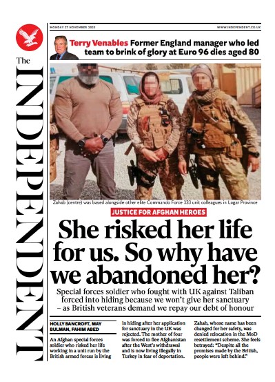 The Independent Newspaper Front Page (UK) for 27 November 2023