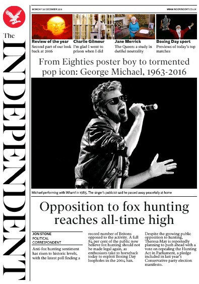 The Independent Newspaper Front Page (UK) for 27 December 2016