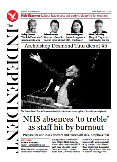 The Independent Newspaper Front Page (UK) for 27 December 2021