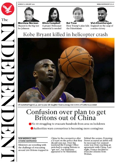 The Independent Newspaper Front Page (UK) for 27 January 2020