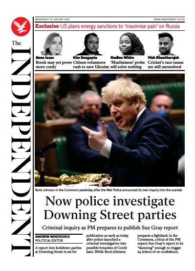 The Independent Newspaper Front Page (UK) for 27 January 2022
