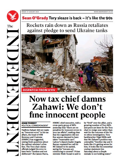 The Independent Newspaper Front Page (UK) for 27 January 2023