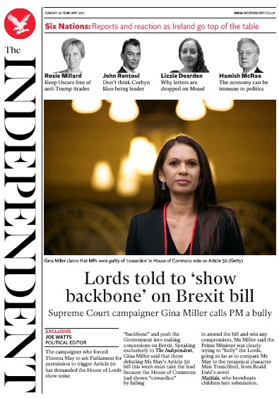 The Independent Newspaper Front Page (UK) for 27 February 2017