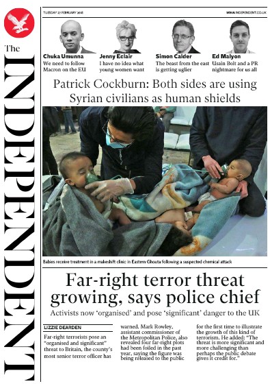 The Independent Newspaper Front Page (UK) for 27 February 2018
