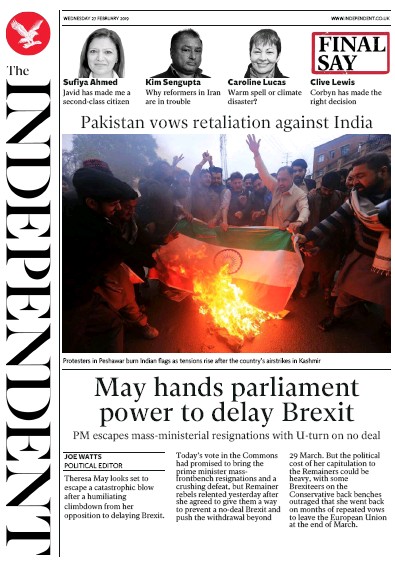 The Independent Newspaper Front Page (UK) for 27 February 2019