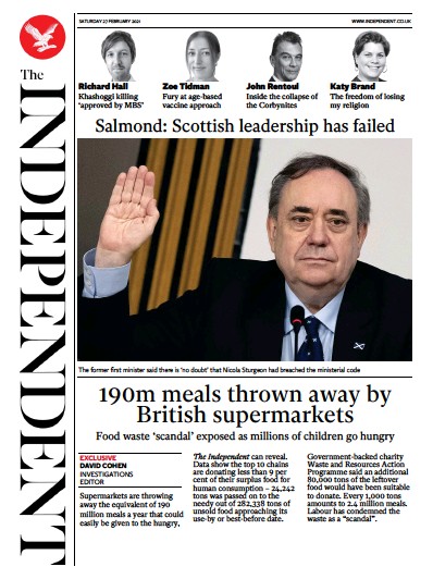 The Independent Newspaper Front Page (UK) for 27 February 2021