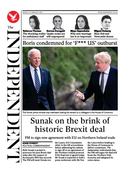 The Independent Newspaper Front Page (UK) for 27 February 2023