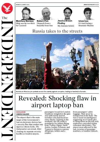 The Independent Newspaper Front Page (UK) for 27 March 2017