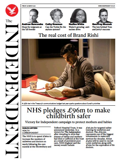 The Independent Newspaper Front Page (UK) for 27 March 2021