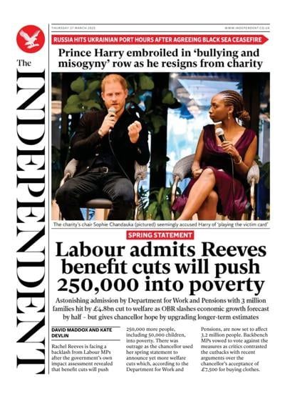 The Independent Newspaper Front Page (UK) for 27 March 2025