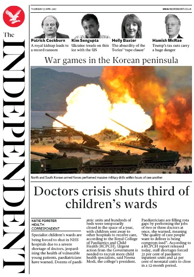 The Independent Newspaper Front Page (UK) for 27 April 2017