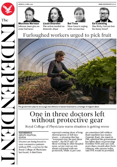 The Independent Newspaper Front Page (UK) for 27 April 2020