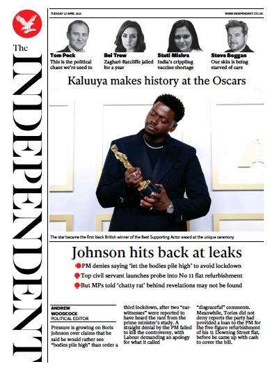 The Independent Newspaper Front Page (UK) for 27 April 2021