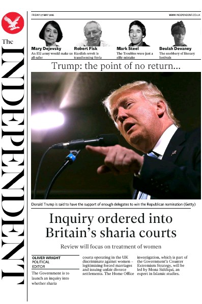 The Independent Newspaper Front Page (UK) for 27 May 2016