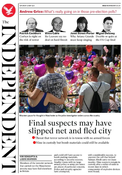 The Independent Newspaper Front Page (UK) for 27 May 2017