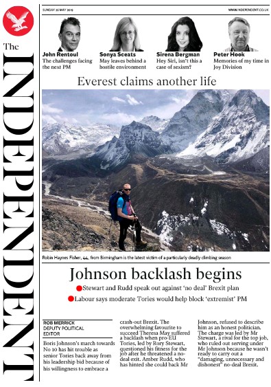 The Independent Newspaper Front Page (UK) for 27 May 2019