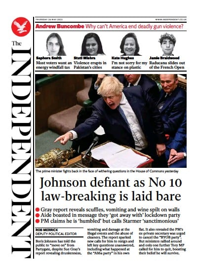 The Independent Newspaper Front Page (UK) for 27 May 2022