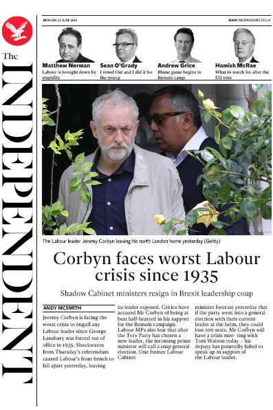 The Independent Newspaper Front Page (UK) for 27 June 2016