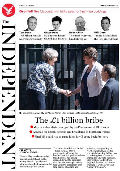 The Independent Newspaper Front Page (UK) for 27 June 2017